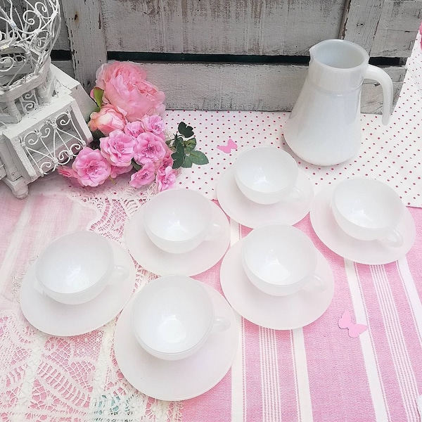 Arcopal Opaline Tazas, 6 Servicios Blanco Juego de Café, Jarra y Tazas + Platos Vintage 60s