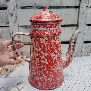 Enameled Coffeepot Percolator ~ Red White Speckled Antique Graniteware Piece~ French Rustic Farmhouse Kitchen Decor ~ Collectible Teapot