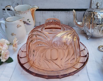 Pink Glass Covered Cheese Bowl ~ Art Deco Design ~ Small Cake Lidded Stand ~ France