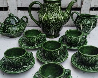 Vintage Leaf Cabbage Bordallo Pinheiro Design Complete Coffee Set Cups Saucers Teapot Sugar Bowl & Creamer Green Vegetable Ware 50s Portugal