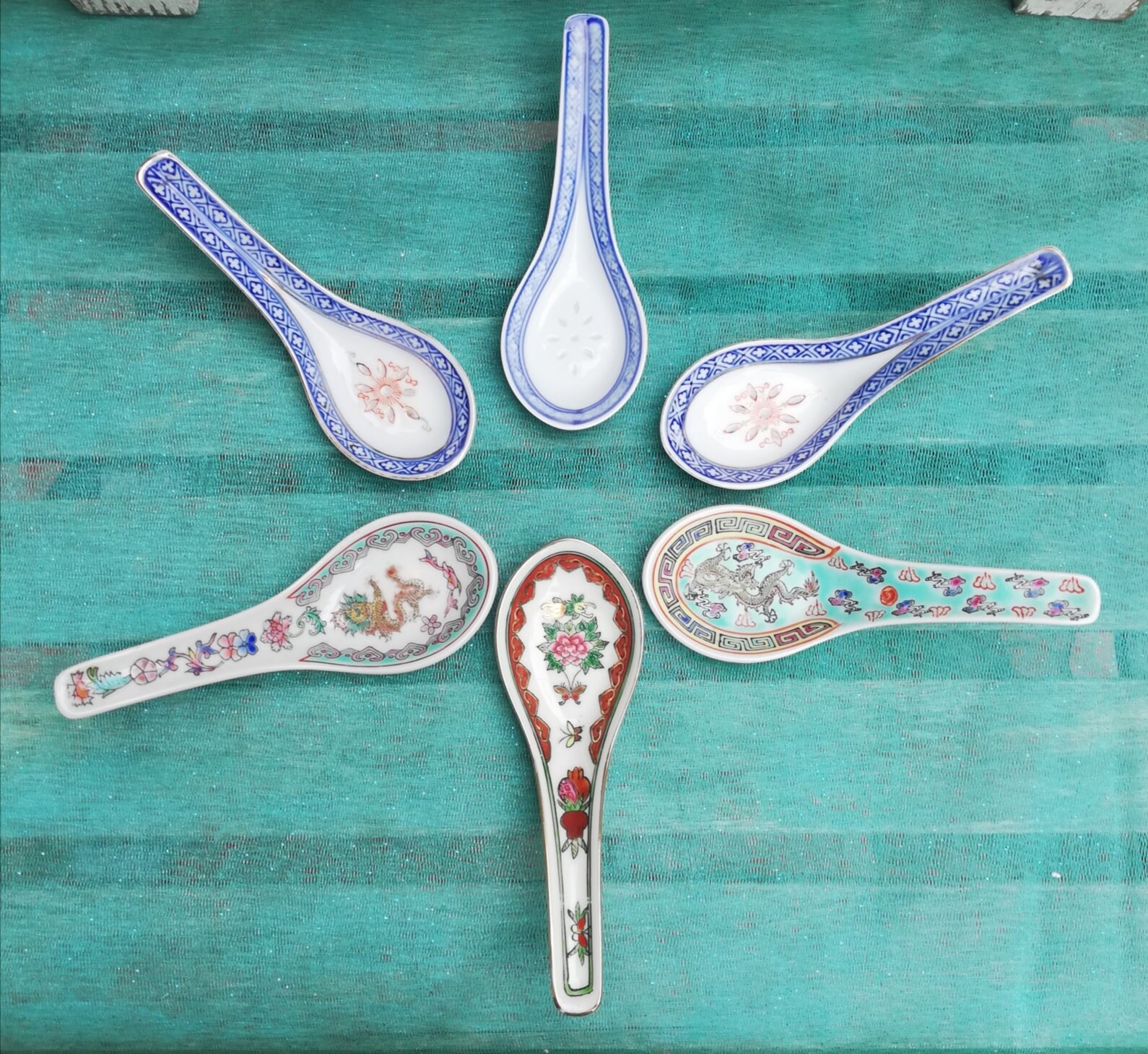 Porzellan Suppen Reis Löffel Vintage Chinesisches Set von 6