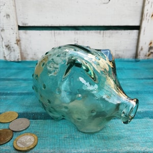 Rare Piggy Bank Holmegaard, Vintage Bluish Clear Glass Pig Bank Coin J.E. Bang Design, Denmark