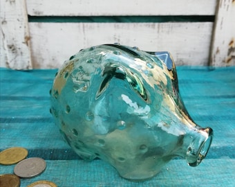 Rare Piggy Bank Holmegaard, Vintage Bluish Clear Glass Pig Bank Coin J.E. Bang Design, Denmark