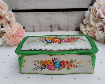 Exquisite Vintage Italian Tin Box ~ Green with Gold Accents and Floral Details ~ Antique Collector's Dream