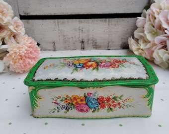 Boîte en fer blanc italienne vintage exquise ~ Vert avec des accents dorés et des détails floraux ~ Objet de rêve pour collectionneur antique