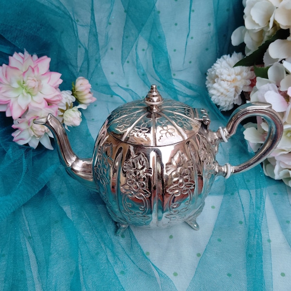 Vintage Pumpkin Shaped Teapot in Solid Metal with Engraved Flowers