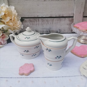 Creamer and Sugar Bowl Set, Antique White Porcelain with Pink Floral Pattern, Mustard and Green Rim, Early XX Century