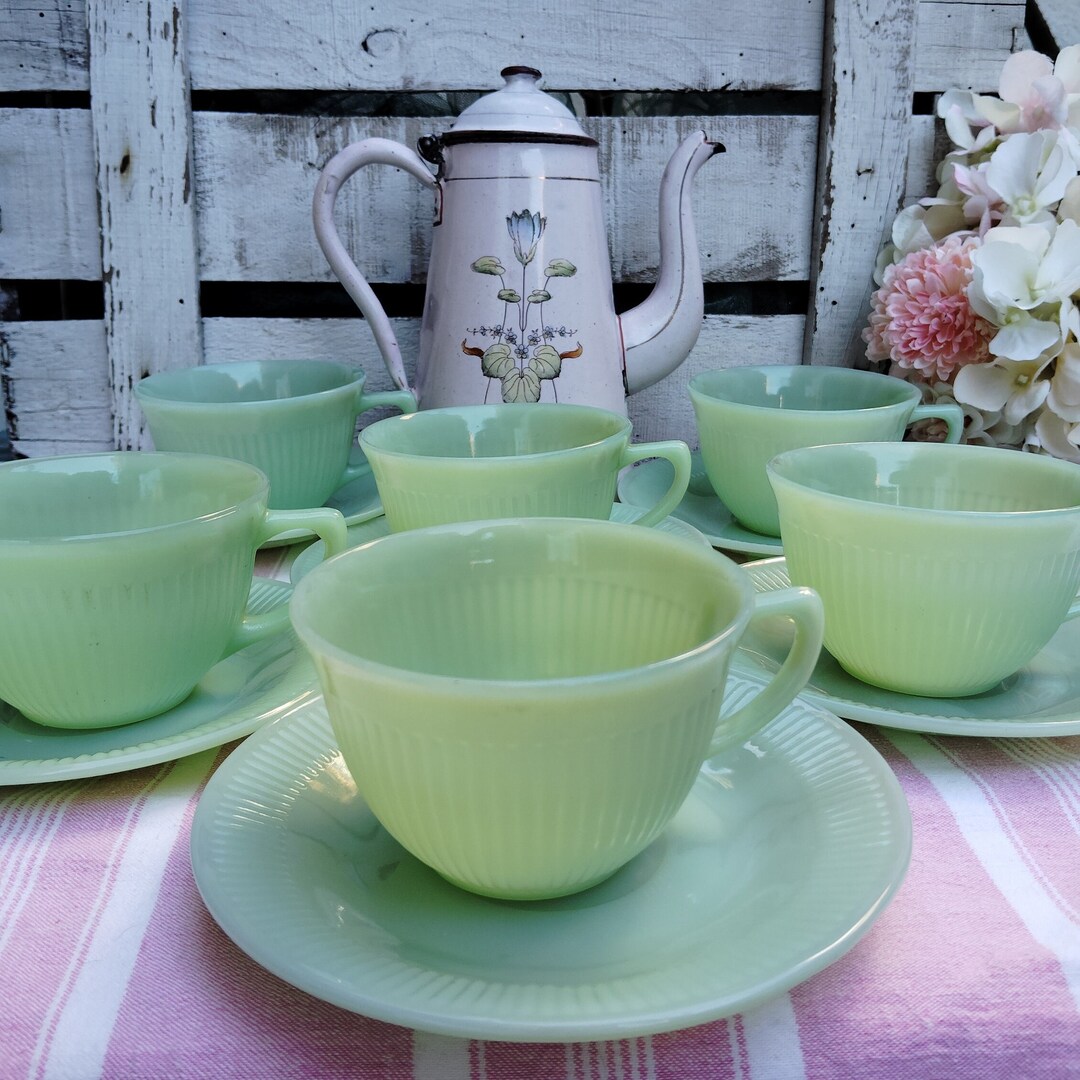 Jadeite Tea Set 6 Services Jane Ray Pattern Midcentury Fire King