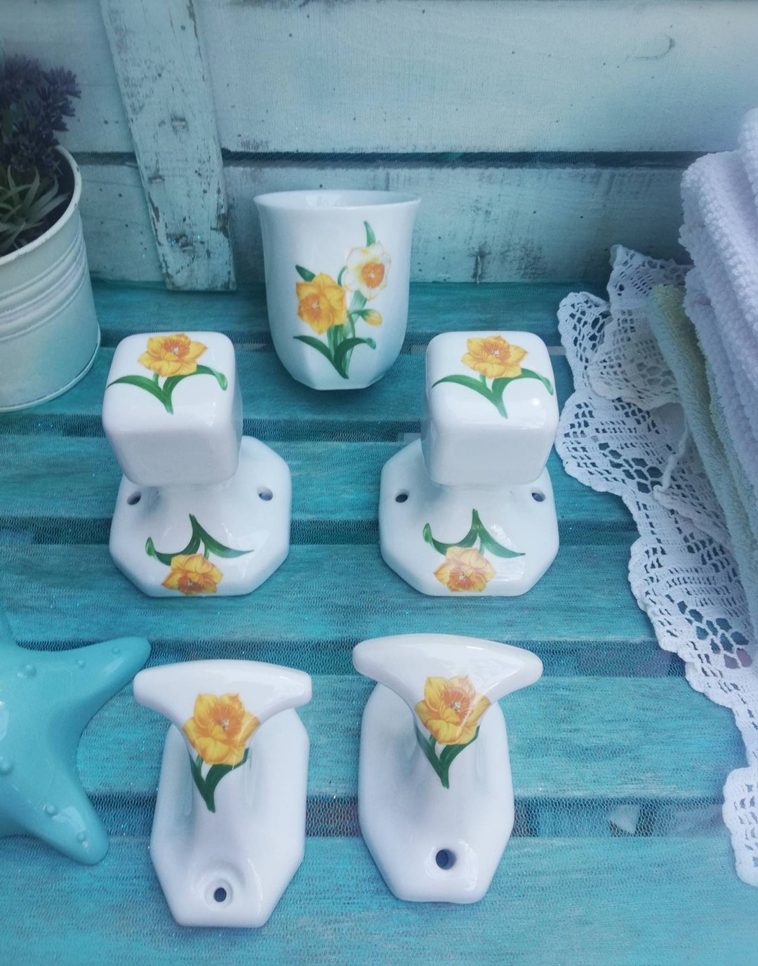 Vintage Porcelain Bathroom Accessories Set Yellow Flowers by Cristina