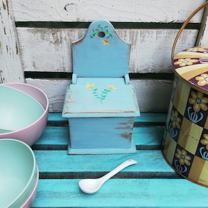 Retro Wooden Salt Box Handmade & Hand Painted ~ Vintage Style Handcrafted Floral Salt Container ~ Wall Hanging