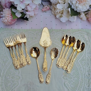 Deluxe Dessert Serving Rose Set ~  Spoons, Forks, Pie, Sugar Spoon and Shell Serving Showel ~ Gold Plated 70s Cake Cutlery