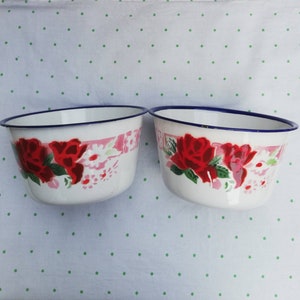 2 Vintage Enamel Bowls Bumper Harvest ~ Double face Enameled Bowls Set ~ Floral Roses Cobalt Blue Trim, 70s