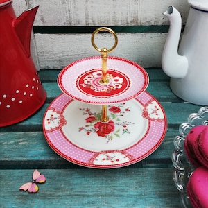 Cake Stand Vintage Small Porcelain Pedestal Dish, Pink & Red Centerpiece with Puppy Flowers, Butterflies and Polka Dots