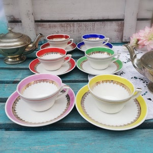 Vibrant Antique French Colored Porcelain Coffee Set ~ 6 Service Cups & Saucers with Gold Accents