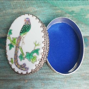 Antique Pillbox Handmade Oval Mirror Chinese Porcelain Medallion Lid & Enameled Handpainted Pheasant, Pekin Silver Plated Made in Beijing