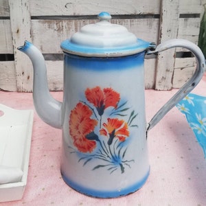 Antique Enamel Coffee Pot/Teapot with Crimson Carnations & Blue Accents ~ Early 1900s Enamelware