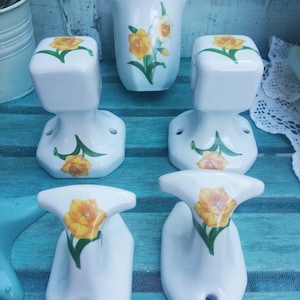 Vintage Porcelain Bathroom Accessories Set ~ Yellow Floral, New Condition, Towel & Paper Holder, Toothbrush Pot