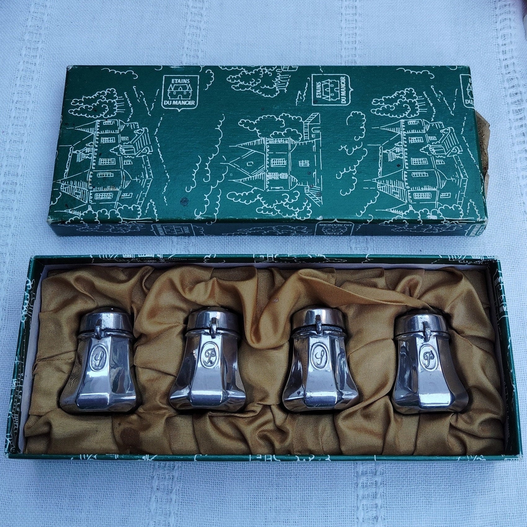 Vintage French Pewter Salt & Pepper Shakers: Art Deco Etains du Manoir, Original Box