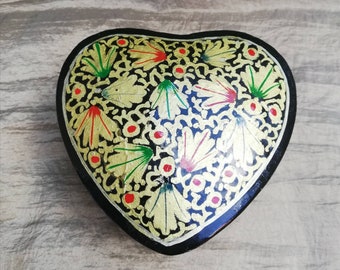 Hand Painted Vintage Handmade Paper Mache Heart Box with Golden Flowers ~ Heart Shaped Storage