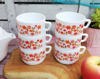 Lot 4 Tasses Et Soucoupes Arcopal Rotterdam – Floral Jaune Orange – Années 70 – France