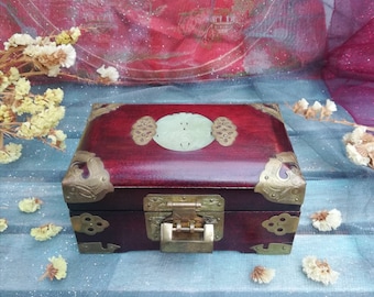 Antique Jewelry Box Chinese Wooden Chest Handmade Jade and Golden Brass Decoration Details and Original Padlock