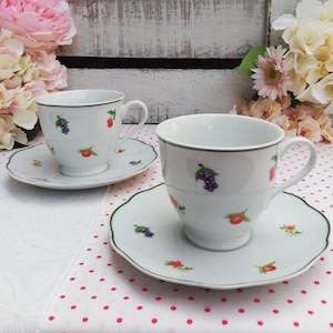 Charming Fruity Tea Set for Two ~ Brunchfield Porcelain Cups & Saucers