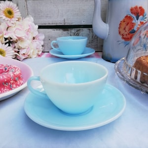 Vintage Opaline Cups Light Blue 2 Services Set, 60s French Tea Milk-glass Cups and Saucers, Duralex France
