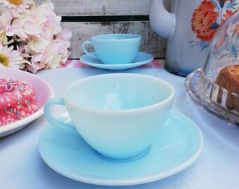 Vintage Duralex Opaline Tea Cup Set of Two: Light Blue Milk Glass, 1960s French