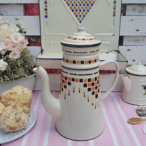 Antique 30s French Enamelware Coffee Pot: Orange Checkered 11&quot; Percolator