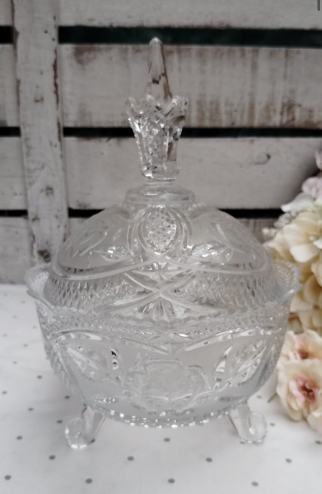 Glass Candy Dish Vintage Clear Cut Crystal Bomboniere Covered Sugar