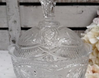 Vintage Clear Cut Crystal Candy Dish with Lid, Three Feet