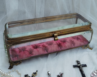 Antique French Ormolu Jewelry Box, Large Glass Showcase with Pink Silk 11'