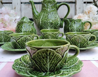 Vintage Leaf Cabbage Bordallo Pinheiro Design Complete Set 6 Cups, Saucers, Teapot, Sugar Bowl & Creamer, Green Vegetable Ware 60s Portugal