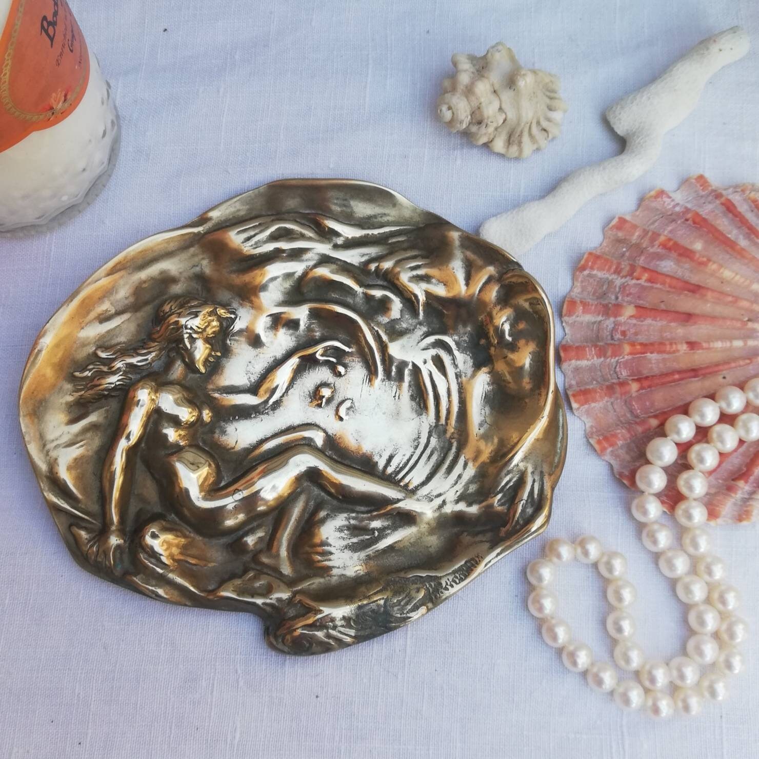 Antique Solid Brass Soap Dish with Nude Lady ~ Art Nouveau Golden Tray ~ Sea inspired Design