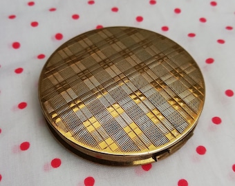 Compact Powder Box Art Deco Style ~ Tartan Pattern ~ Collectible Vintage 50&#39;s ~ Europe