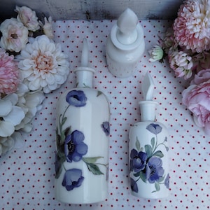 Collectible Perfume Bottles Antique Handpainted Opaline Trio ~ Purple Anemones on White Milk-glass ~ Bathroom Decor