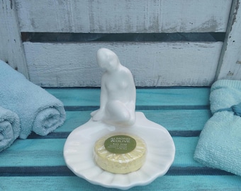 Vintage Mermaid Silhouette Soap Dish ~ White Soap Holder ~ Shell Design Bathroom Décor