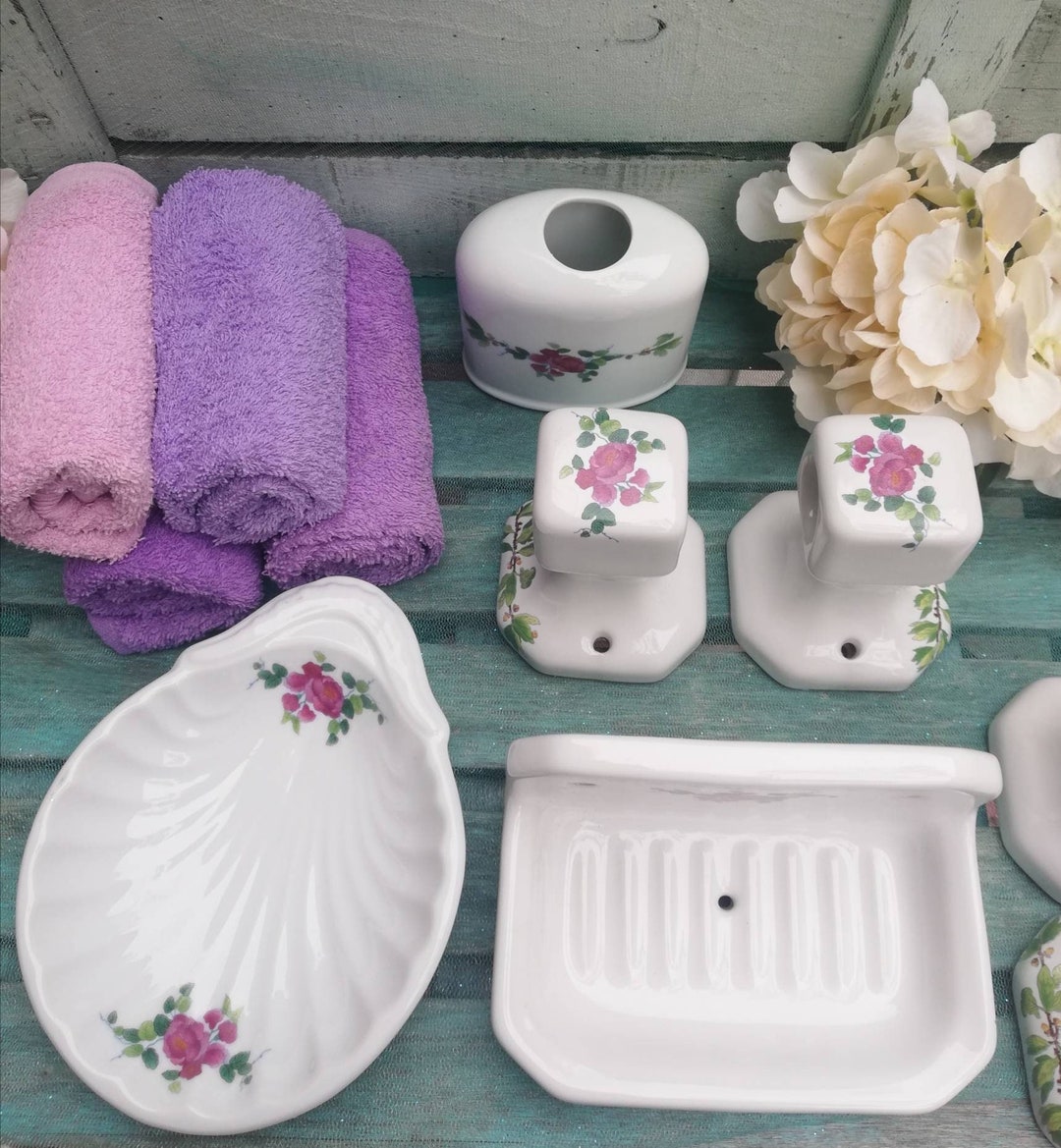 Vintage Bathroom Set in Porcelain Floral Pattern Wall Soap Holder