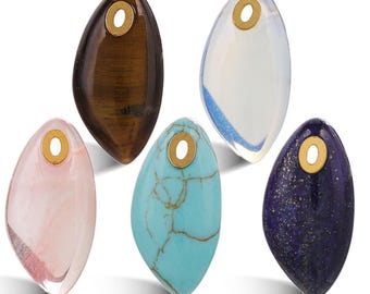 May include: Six teardrop-shaped pendants in various colors and textures. The pendants include tiger's eye, turquoise, pink, white, and dark blue stones. Each pendant has a gold-colored metal ring at the top for hanging.