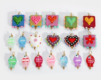 Hand-Painted Glass Charm Pendant: Fish Heart Square Ceramic Glaze