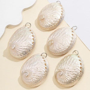 May include: Five iridescent abalone shell pendants with silver-colored loops. The shells have a pearlescent sheen with a spiral design and a row of small holes along the edge. The background is a light beige color.