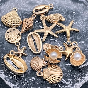 Gold Plated Seashell Charms: Starfish, Conch, Marine Alloy - 10pcs