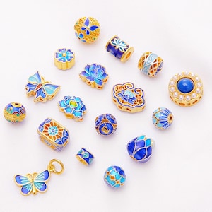 2PCS 18K Gold Plated Cloisonne Bead,Enamel Bead,Copper Bead,Flower Barrel Round Spacer Brass Bead,Bracelet Necklace Earrings Bead