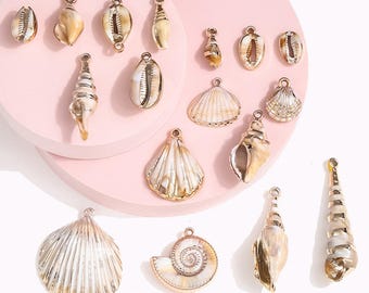 Gold Plate Seashell Charm Pendants: Acrylic Starfish Conch, 10pcs