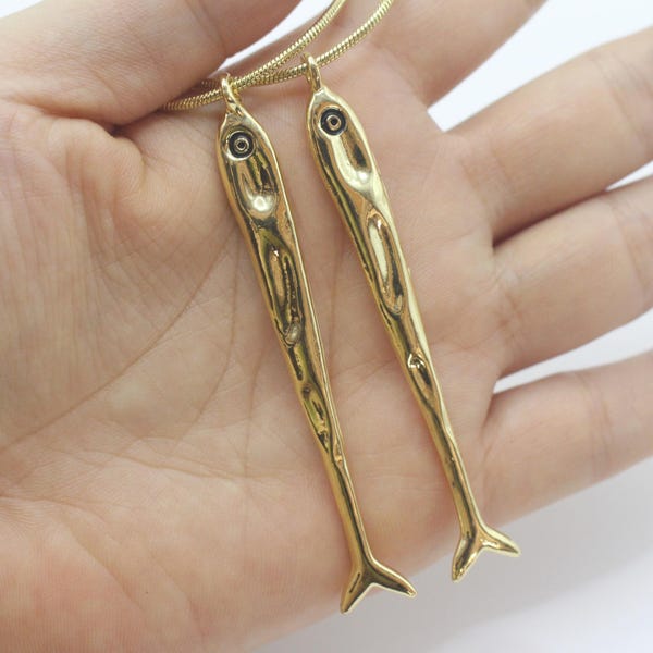 Brass Sardine Fish Necklace Charm Pendant - 75mm