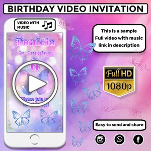 Convite em vídeo de aniversário de borboleta, convite para festa mágica, convite eletrônico com belo tema rosa, convite animado digital para meninas