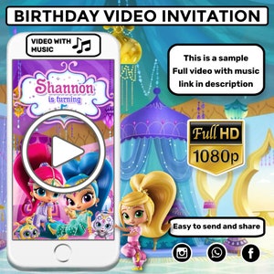 Może przedstawiać: Zaproszenie na wideo urodzinowe z postacią z kreskówki z serialu Shimmer and Shine. Wideo rozgrywa się w kolorowym, magicznym pałacu z przyciskiem odtwarzania w środku ekranu. Na ekranie wyświetla się tekst "Shannon is turning". Zaproszenie zawiera link do pełnego wideo z muzyką w opisie.