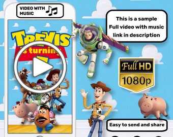 May include: A birthday video invitation featuring characters from the Toy Story movie franchise. The invitation is a digital video with music and a play button in the center. The text "This is a sample Full video with music link in description" is displayed on the right side of the image. The text "Full HD 1080p" is displayed in a gold rectangle on the right side of the image. The text "Easy to send and share" is displayed below the gold rectangle. Social media icons for Instagram, WhatsApp, and Facebook are displayed below the text.