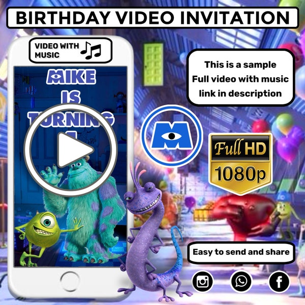 Видео-приглашение Monsters Inc, приглашение на вечеринку по случаю дня рождения Бу, электронное приглашение на страшную тему, цифровое анимированное приглашение Майка и Салли