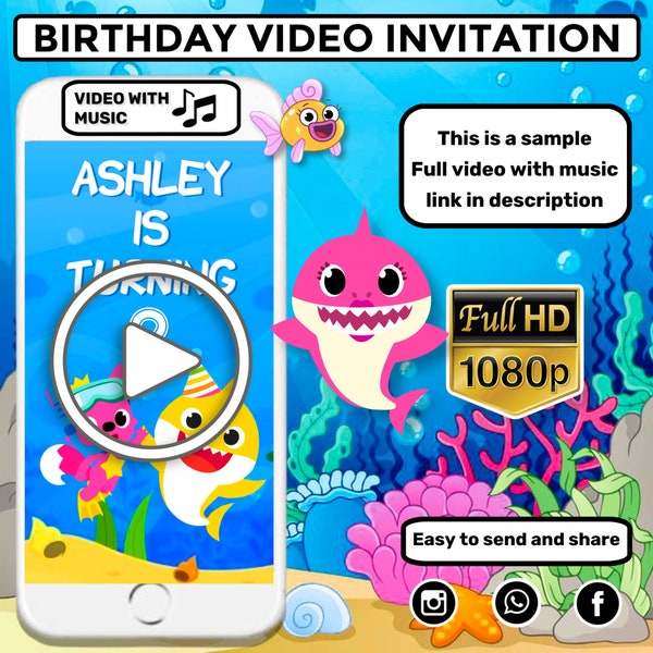 Baby Shark Video Invitation, Baby Shark Birthday Party, Baby Animated Invitation, Sea Digital Invite, Electronic Invite, Kids Evites